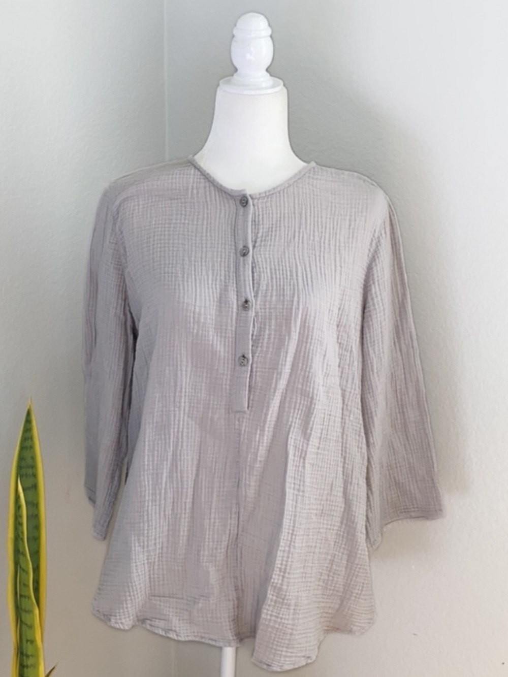 J. Jill Pure Jill Gauze Crinkle Tunic Knit 3/4 Button Down Cotton Shirt Large
